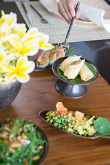 
Assorted traditional asian dishes served on the table