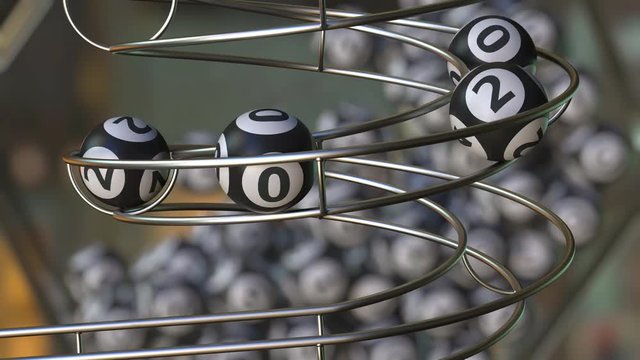 Lotto balls make up 2020 number. Realistic 3D animation