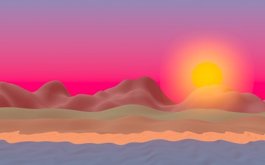 Fototapeta na wymiar Sun Sea Beach. Sunset. Ocean shore line with waves on a beach. Island beach paradise with waves. Vacation, summer, relaxation. Seascape, seashore. Minimalist landscape, primitivism. 3D illustration