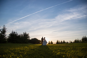 Fototapeta premium Wedding. silhouettes of the bride and groom at sunset
