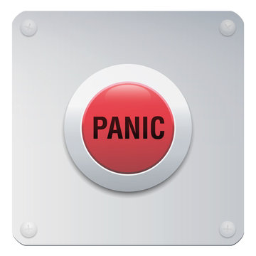 Panic button on chrome panel. Red and silver colored isolated vector illustration on white background.