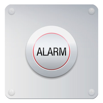 Alarm button on chrome panel. Metallic isolated vector illustration on white background.
