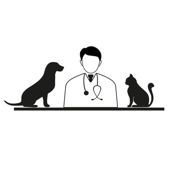 veterinarian with cat and dog on white background
