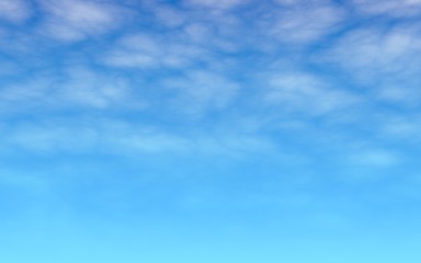 The bright sky in the morning. Blue sky background with white clouds. Cumulus white clouds in the clear blue sky. 3D illustration