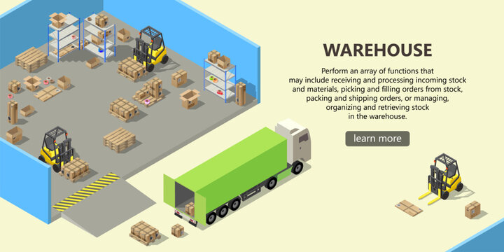 Vector isometric warehouse with interior inside, delivery service. Storehouse with boxes for shipping, pallets, forklifts with cargo. Web page with button and space for text, logistics concept banner