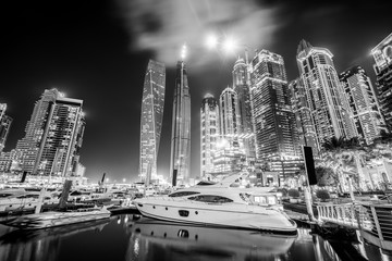 Dubai marina illuminated at night, UAE