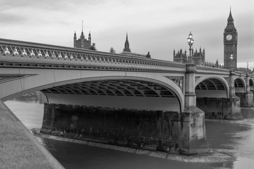 Westminster bridge and Big Ben in black and white. London. England