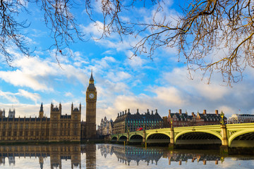Big Ben clock and Westminster bridge in London. England