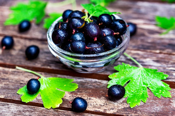Ripe blackcurrant in glass bowl close