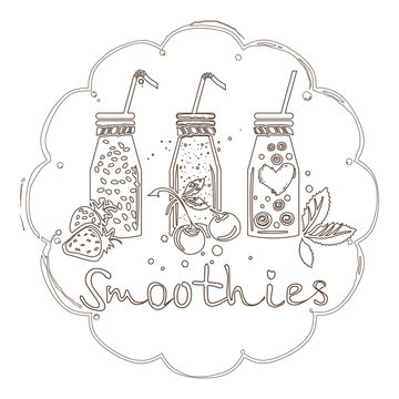 Smoothies vector graphic illustration in a round frame. Design template for the menu.