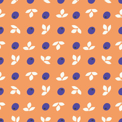 Blueberries and leaves on orange seamless vector pattern