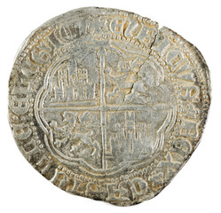 Ancient medieval silver coin of the King Enrique IV. Real. Coined in Toledo. Spain. Reverse.