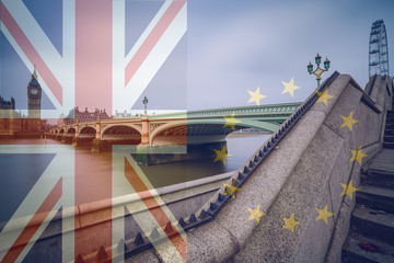 Transparent United Kingdom and European union flags combined for the 2016 referendum - Westminster...