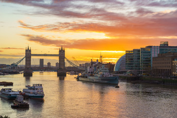 Panoramic view of Tower Bridge in London at sunrise