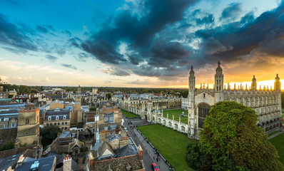 Panorama of Cambridge with beautiful sunset sky, UK