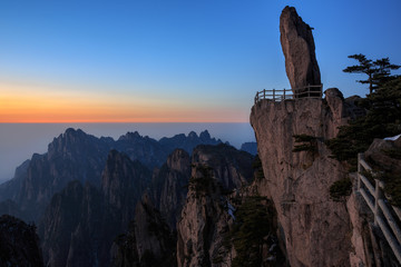 Huangshan China, Flying Over Rock - Feilai Stone, National Park, Anhui Province, Mountain Peak, Viewing Platform, Sunset with Beautiful Horizon, Jagged Cliffs
