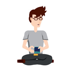 cartoon man using a cellphone over white background, vector illustration