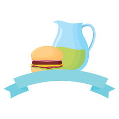 decorative ribbon with lemonade pitcher and hamburger over white background, vector illustration