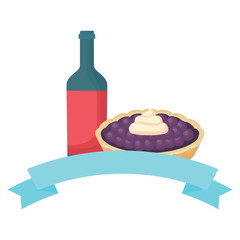 emblem with wine bottle and sweet pie icon over white background, vector illustration