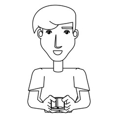 cartoon man using a cellphone over white background, vector illustration