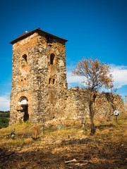 Ruins of an old medieval church dated around the 13th or 14th century, with a nearby cemetery, Romania, Europe