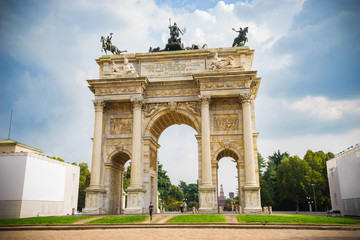 Fototapeta na wymiar Close up view of Arco della Pace (Arch of Peace), Porta Sempione, Milan, Italy 