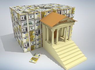 Bank building with euro and dollar banknotes. 3D rendering.