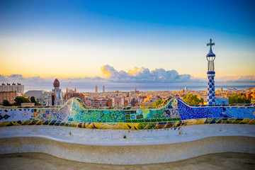 Fototapeta premium Barcelona at sunrise viewed from public park Guell, Spain