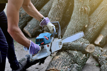 Chainsaw. Close-up of woodcutter sawing chain saw in motion, sawdust fly to sides. Concept is to bring down trees.