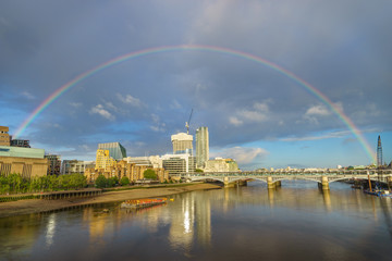 Panorama of Blackfriars bridge with beautiful rainbow in London, UK 