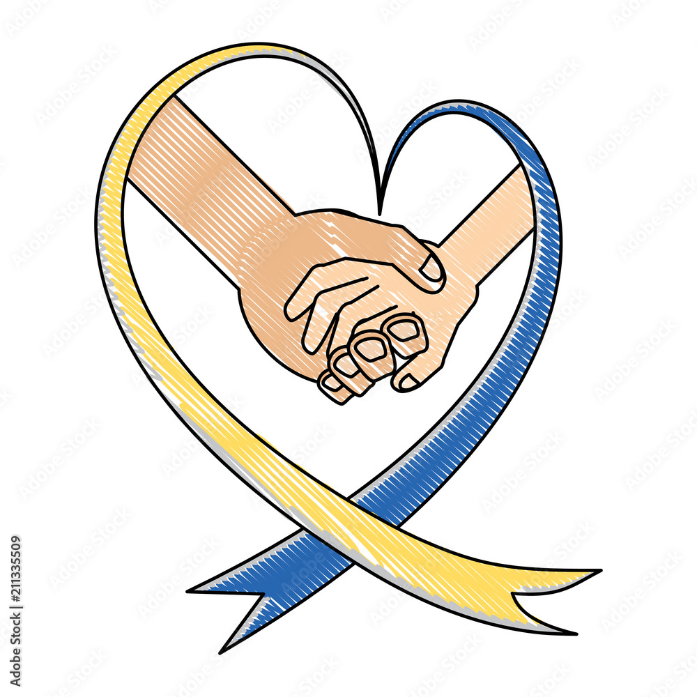 Wall mural world down syndrome day ribbon with holding hands over white background, vector illustration