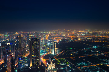 Fototapeta na wymiar Aerial view of Dubai downtown skyscrapers at night