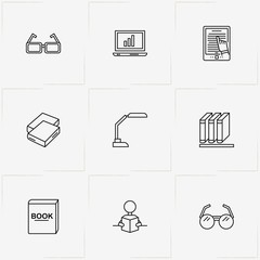 Reading line icon set with table lamp , reading and laptop