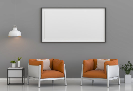 mock up poster frame in hipster interior modern living room background, 3D render