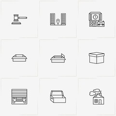 Real Estate line icon set with garage, box and building location