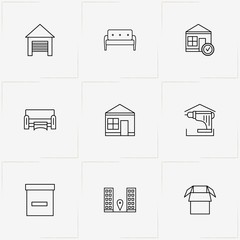 Real Estate line icon set with drill , building location  and garage