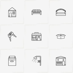 Real Estate line icon set with sofa, house and keys