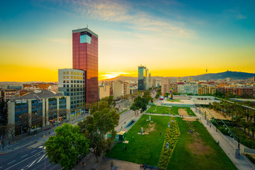 Fototapeta premium Placa de Espanya street aerial view at sunset 