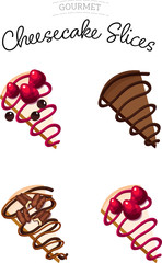 Isolated vector images of mixed berry, chocolate, turtle, and strawberry cheesecake slices from a top down perspective.