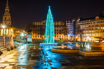 Trafalgar Square with Christmas tree in London.England 