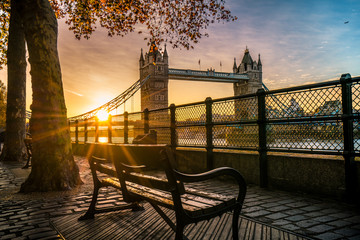 Tower Bridge at sunrise in autumn. London. England