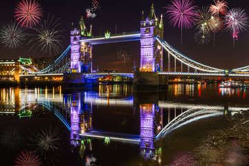 Fototapeta na wymiar Fireworks at Tower Bridge in London. England