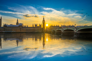 Westminster palace and Big Ben at beautiful sunset in London, UK
