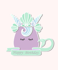 Vector illustration with Mermaid tail, sea shell crown. Mermaid as patch, sticker, cake toppers, laser cut plastic, t-shirt design.Template for Mermaid style party invitation, birthday, greeting card