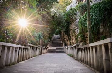 Marjan stairs in Split with sun flare, Croatia