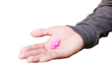 pills pink in hand male isolated on white background and clipping path. Stop drug use concept
