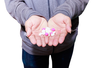 pills in hand male isolated on white background and clipping path. Stop drug use concept