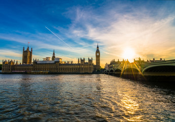 British parliament and Big Ben at sunset in London, UK