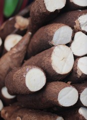 Pilha de mandiocas na feira