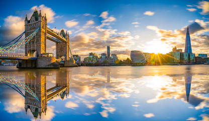 Sunset panorama of Tower Bridge with reflections in London, UK